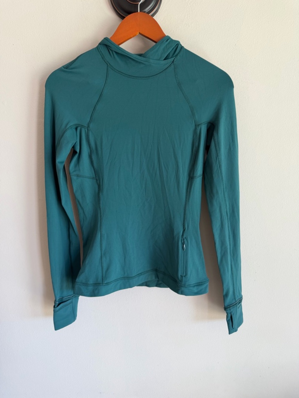 Lululemon Teal Green Hooded Long Sleeve Running Top with Thumbholes Size 4